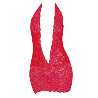 L1197 - Lingerie Chemise Halterneck Merah Transparan, Belahan Dada Rendah