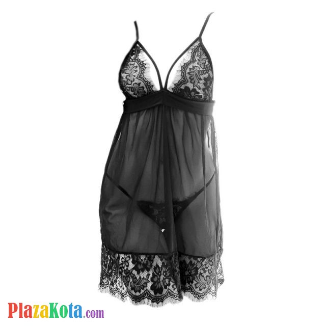 L1201 - Baju Tidur Lingerie Babydoll Mini Dress Hitam Transparan Tali Pita Ikat Belakang - Photo 1