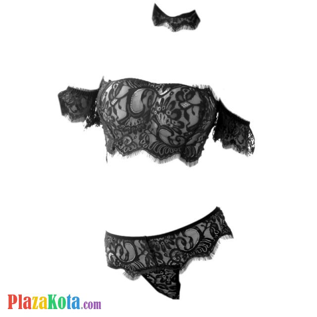 B330 - Bra Set Bralette Kemben Lengan Pendek Hitam Transparan Kalung Choker Kain Celana Dalam - Photo 1