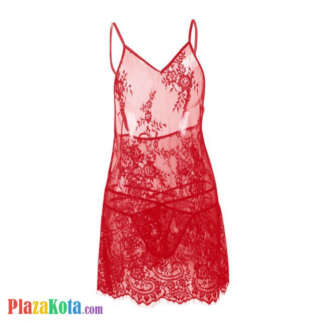 L1204 - Baju Tidur Lingerie Jumbo Big Size Nightgown Sleepwear Midi Dress Merah Transparan Bunga-Bunga - Photo 1