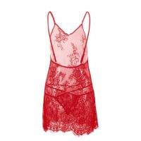 L1204 - Lingerie Nightgown Merah Transparan, Bunga-Bunga - Thumbnail 2