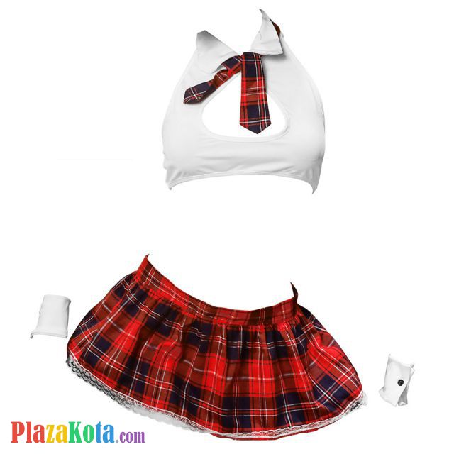 B332 - Bra Set Costume Cosplay Student Pelajar Seragam Sekolah Halter Putih Rok Merah Dasi Gelang Wristband - Photo 1