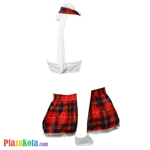 B332 - Bra Set Costume Cosplay Student Pelajar Seragam Sekolah Halter Putih Rok Merah Dasi Gelang Wristband - Photo 2