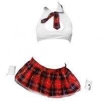 B332 - Lingerie Set Costume Student Pelajar Halterneck Putih, Rok Merah, Dasi, Gelang Wristband
