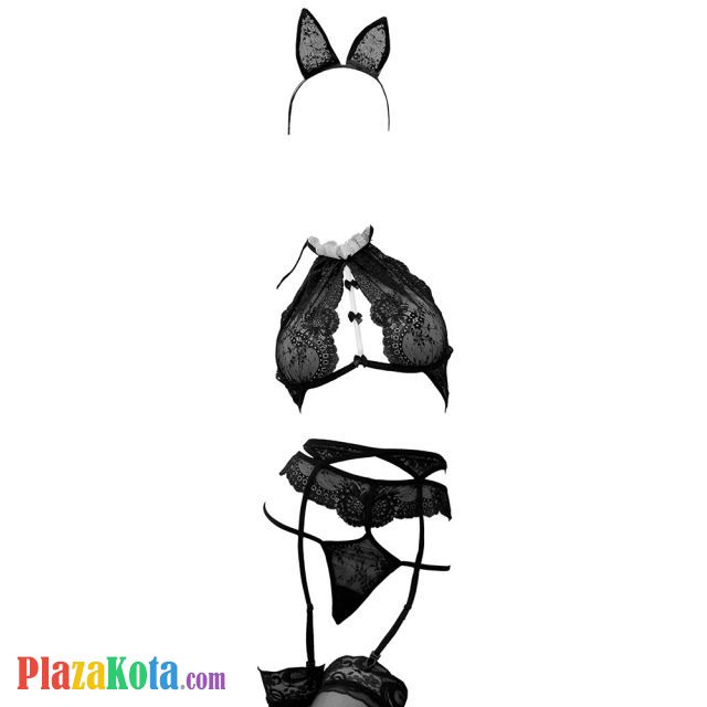 B333 - Bra Set Costume Cosplay Playboy Bunny Kelinci Halter Hitam Transparan Bando G-String Garter Strap Stocking - Photo 1