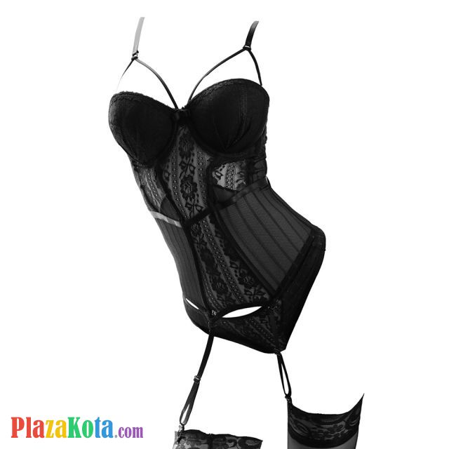 L1215 - Baju Tidur Lingerie Bustier Corset Dress Hitam Transparan Bra Kawat Cup Busa Garter Strap Stocking - Photo 1