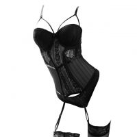 L1215 - Lingerie Bustier Hitam Transparan, Bra Kawat, Cup Busa, Garter, Stocking Fishnet