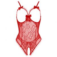 L1222 - Baju Tidur Lingerie Teddy Bodysuit Dress Merah Transparan Open Cup Crotchless