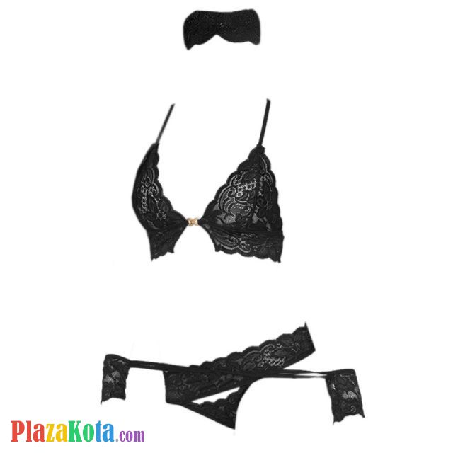 B335 - Bra Set Bralette Hitam Transparan Celana Dalam Topeng Wajah Gelang Wristband - Photo 1