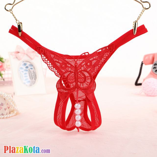 GS284 - Celana Dalam G-String Mutiara Kupu-Kupu Crotchless Merah Transparan Tali 2 - Photo 1