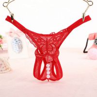 GS284 - Celana Dalam G-String Mutiara Kupu-Kupu Crotchless Merah Transparan Tali 2