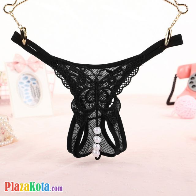 GS286 - Celana Dalam G-String Mutiara Kupu-Kupu Crotchless Hitam Transparan Tali 2 - Photo 1