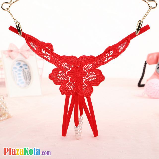 GS296 - Celana Dalam G-String Mutiara T-Back Bunga Crotchless Merah - Photo 1