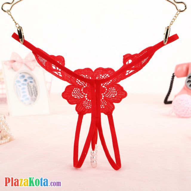 GS296 - Celana Dalam G-String Mutiara T-Back Bunga Crotchless Merah - Photo 2