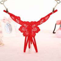 GS296 - Celana Dalam G-String Mutiara T-Back Bunga Crotchless Merah