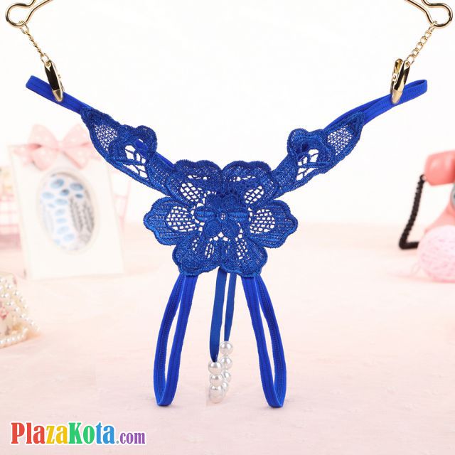 GS297 - Celana Dalam G-String Mutiara T-Back Bunga Crotchless Biru - Photo 1