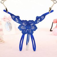 GS297 - Celana Dalam G-String Mutiara T-Back Bunga Crotchless Biru