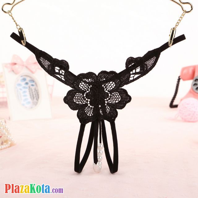 GS298 - Celana Dalam G-String Mutiara T-Back Bunga Crotchless Hitam - Photo 1