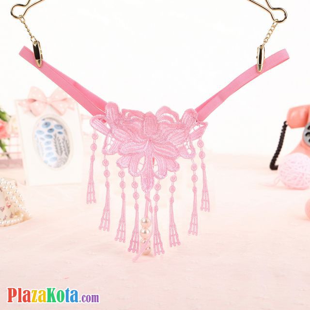 GS305 - Celana Dalam G-String Mutiara T-Back Rumbai Pink - Photo 1