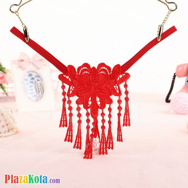 GS306 - Celana Dalam G-String Mutiara T-Back Rumbai Merah - Photo 1