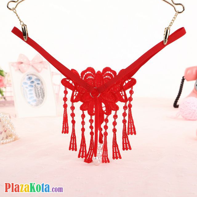 GS306 - Celana Dalam G-String Mutiara T-Back Rumbai Merah - Photo 2