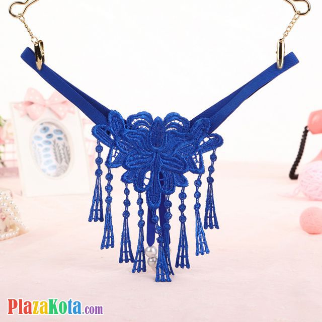 GS307 - Celana Dalam G-String Mutiara T-Back Rumbai Biru - Photo 1