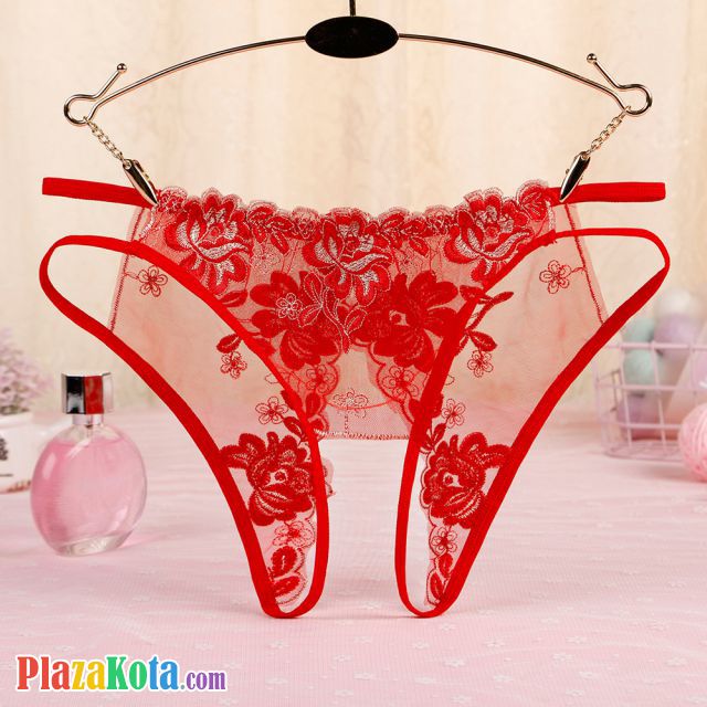 P557 - Panties Hipster Merah Transparan Bunga Merah, Crotchless, Tali 2 - Photo 1