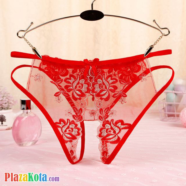 P557 - Celana Dalam Panties Hipster Merah Transparan Bunga Merah Crotchless Tali 2 - Photo 2