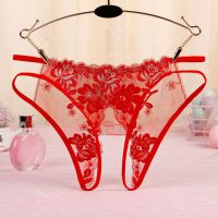 P557 - Panties Hipster Merah Transparan Bunga Merah, Crotchless, Tali 2