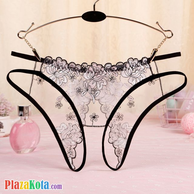 P558 - Celana Dalam Panties Hipster Hitam Transparan Bunga Putih Crotchless Tali 2 - Photo 1