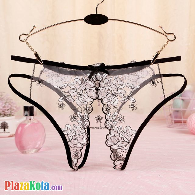 P558 - Celana Dalam Panties Hipster Hitam Transparan Bunga Putih Crotchless Tali 2 - Photo 2