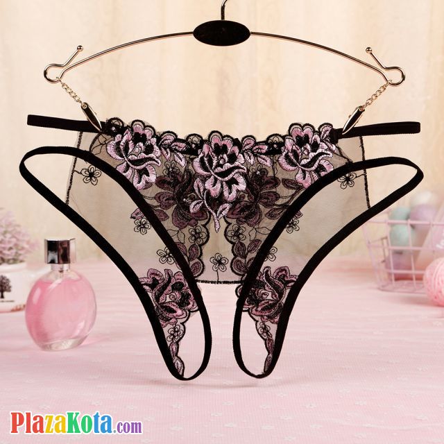 P559 - Panties Hipster Hitam Transparan Bunga Pink, Crotchless, Tali 2 - Photo 1