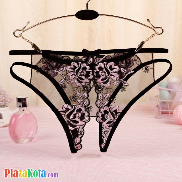 P559 - Celana Dalam Panties Hipster Hitam Transparan Bunga Pink Crotchless Tali 2 - Photo 2