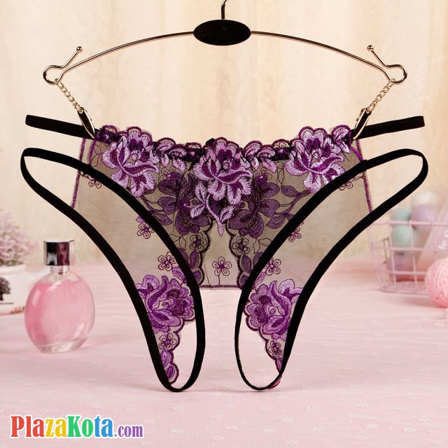 P560 - Celana Dalam Panties Hipster Hitam Transparan Bunga Ungu Crotchless Tali 2 - Photo 1