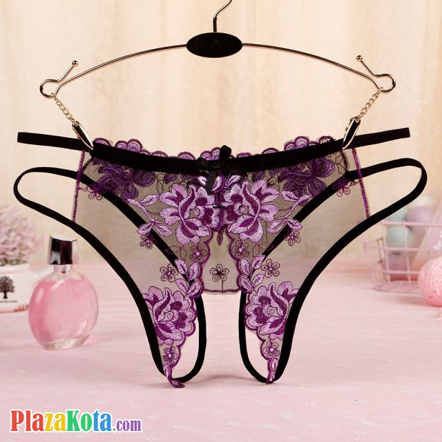 P560 - Celana Dalam Panties Hipster Hitam Transparan Bunga Ungu Crotchless Tali 2 - Photo 2