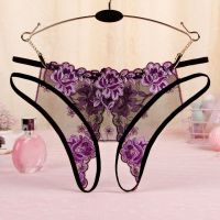 P560 - Celana Dalam Panties Hipster Hitam Transparan Bunga Ungu Crotchless Tali 2