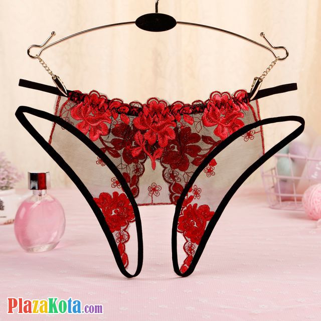P561 - Celana Dalam Panties Hipster Hitam Transparan Bunga Merah Crotchless Tali 2 - Photo 1
