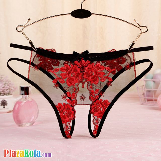 P561 - Panties Hipster Hitam Transparan Bunga Merah, Crotchless, Tali 2 - Photo 2