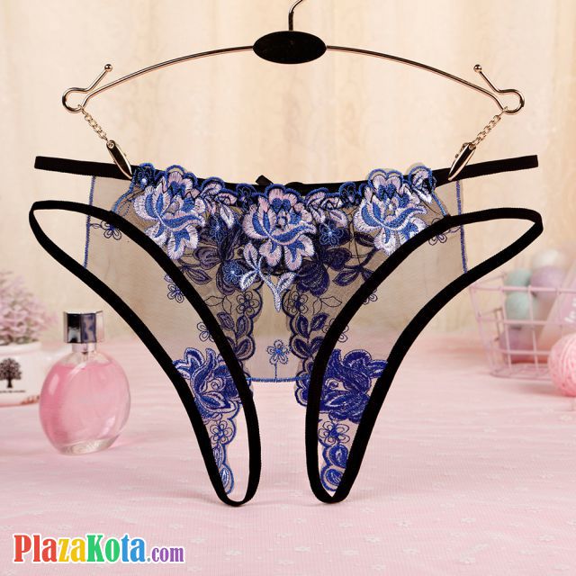 P562 - Celana Dalam Panties Hipster Hitam Transparan Bunga Biru, Crotchless, Tali 2 - Photo 1