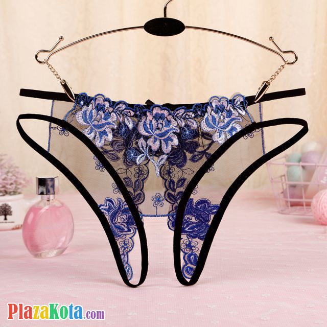 P562 - Celana Dalam Panties Hipster Hitam Transparan Bunga Biru Crotchless Tali 2 - Photo 1