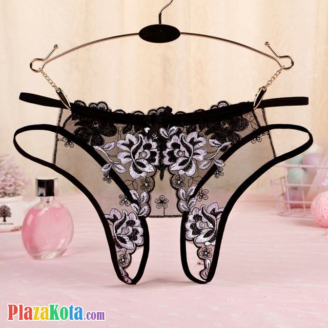 P563 - Celana Dalam Panties Hipster Hitam Transparan Bunga Hitam Crotchless Tali 2 - Photo 2