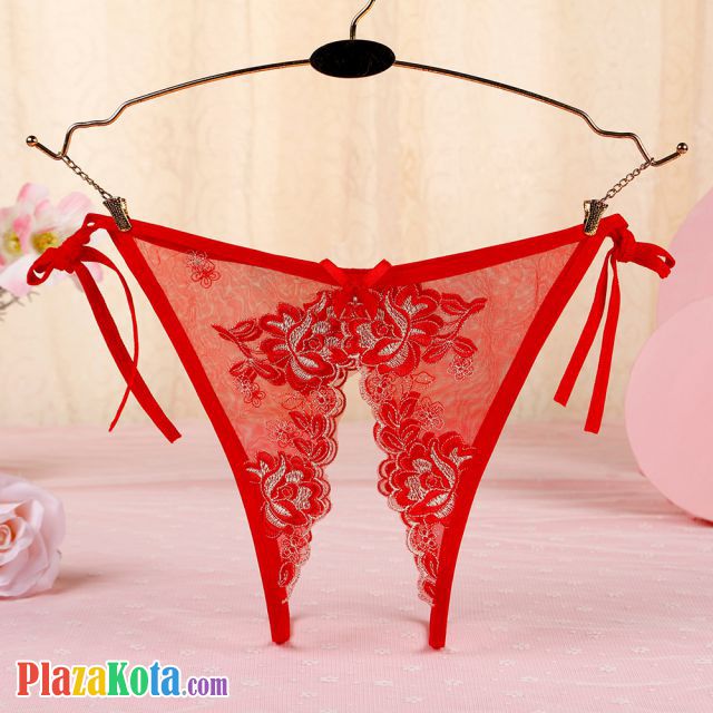 P564 - Celana Dalam Panties Thong Merah Transparan Bunga Merah Crotchless Ikat Samping - Photo 1