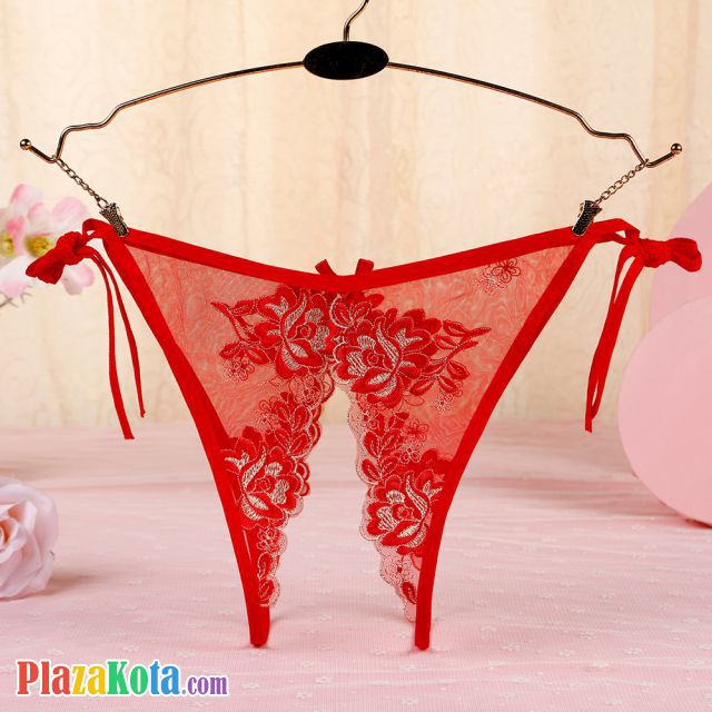 P564 - Celana Dalam Panties Thong Merah Transparan Bunga Merah Crotchless Ikat Samping - Photo 2