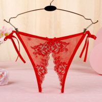 P564 - Panties Thong Merah Transparan Bunga Merah, Crotchless Ikat Samping