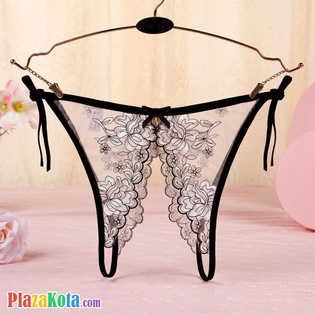 P565 - Celana Dalam Panties Thong Hitam Transparan Bunga Putih Crotchless Ikat Samping - Photo 1