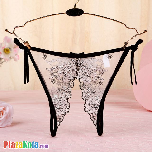 P565 - Celana Dalam Panties Thong Hitam Transparan Bunga Putih Crotchless Ikat Samping - Photo 2