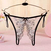 P565 - Celana Dalam Panties Thong Hitam Transparan Bunga Putih Crotchless Ikat Samping