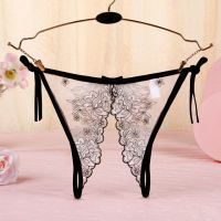 P565 - Celana Dalam Panties Thong Hitam Transparan Bunga Putih Crotchless Ikat Samping - Thumbnail 2
