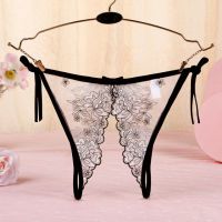 P565 - Celana Dalam Panties Thong Hitam Transparan Bunga Putih Crotchless Ikat Samping - 2