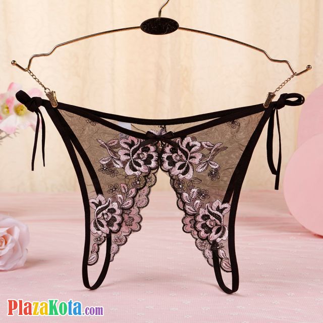 P566 - Celana Dalam Panties Thong Hitam Transparan Bunga Pink Crotchless Ikat Samping - Photo 1